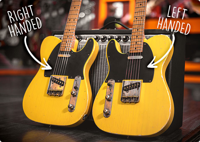 Side by side comparison of a left handed and right handed guitar