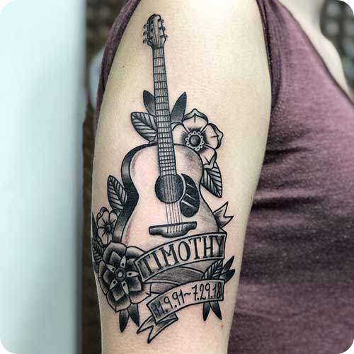 Guitar memorial tattoo Anchored ink Mike Long  Tatuaje musica Diseños  de tatuaje de música Tatuajes musicales para hombres