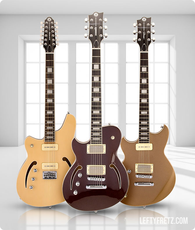 Reverend Airwave 12-String, Roundhouse Air HH, and Sensei H90 left handed guitars
