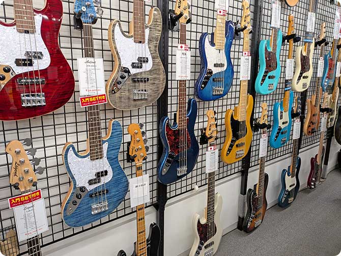 Left Handed Basses at Taniguchi Gakki, Japan