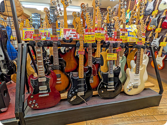 A selection of left-handed guitars in Tokyo's Guitar District