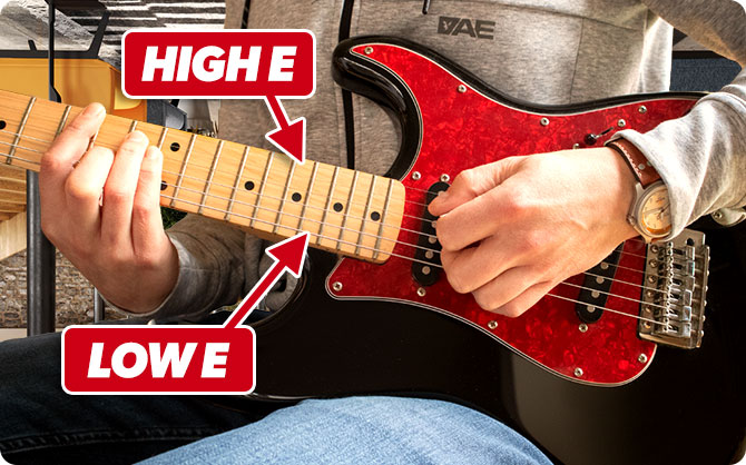 String order on an upside-down left-handed guitar