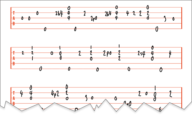 Example of handwritten bass tablature on blank bass tab paper