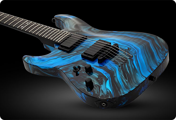 Schecter C-1 Hydro Dip left-handed guitar with Midnight Tide marbled finish