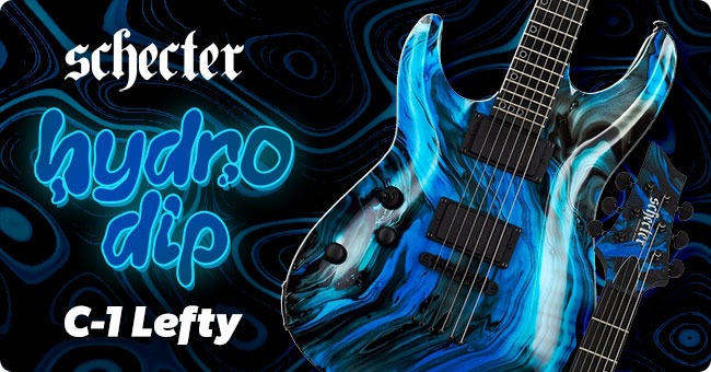 Left-handed Schecter C-1 Hydro Dip guitar in Midnight Tide finish