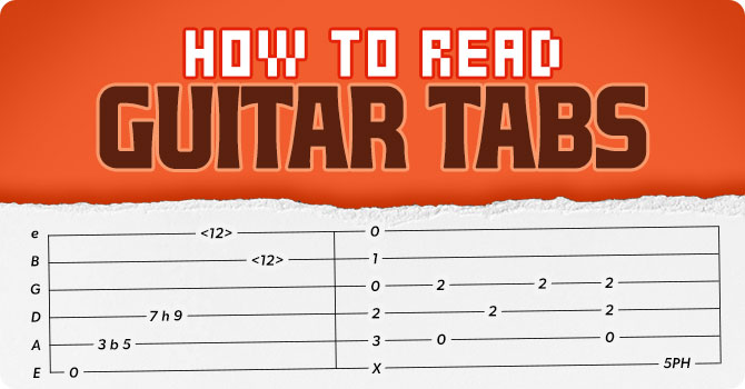 Learn how to read guitar tabs, with each word written on a line of a guitar tab staff