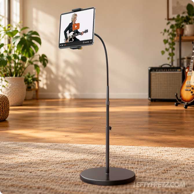 Phone and tablet floor stand for guitar practice
