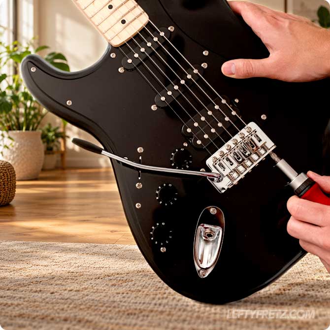 Guitar being adjusted during a professional setup