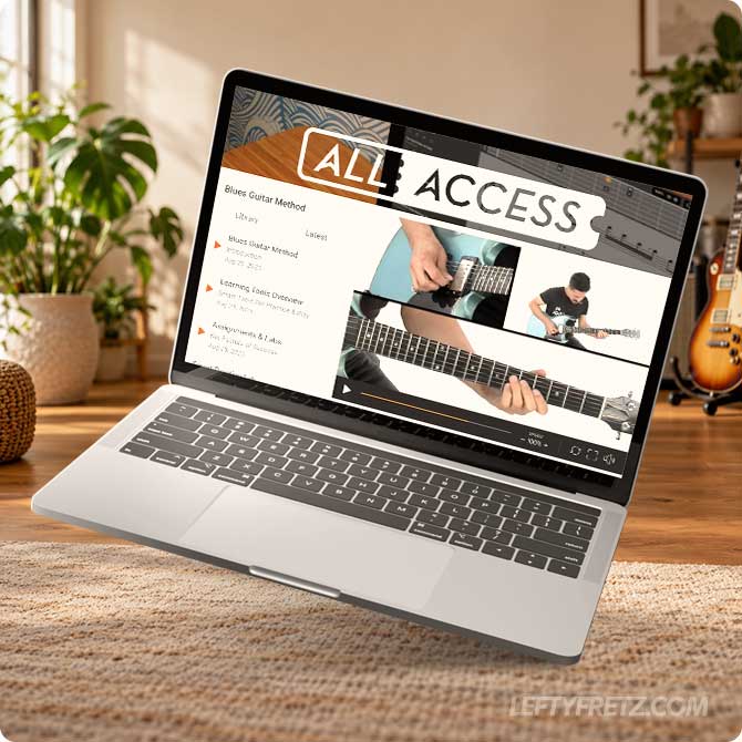 TrueFire online guitar lessons on a laptop